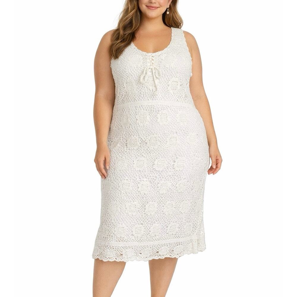 Vintage 90s White Floral‎ Crochet Midi Dress Plus Size 2X Ramie Cotton Boho Lace